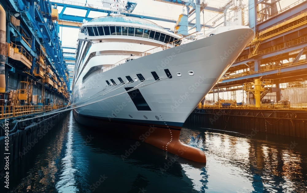 Poster workers in protective gear installing structural beams inside a partially constructed cruise ship in