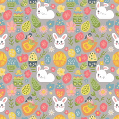 Cute Easter Pattern with Bunnies and Spring Elements

