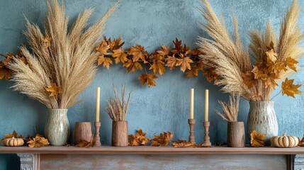 A natural fall mantel styled with wooden candlesticks, dried pampas grass in ceramic vases, and a garland of golden leaves