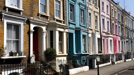 Fototapeta premium Colorful European townhouses with bay windows and ornate facades lining a street, parked cars and trees in the background under daytime natural lighting.