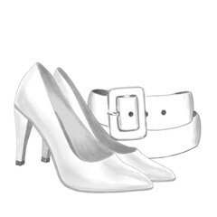 Classic white pumps and belt on a white background, digital illustration. Retro fashion illustration, perfect for vintage inspired fashion lover