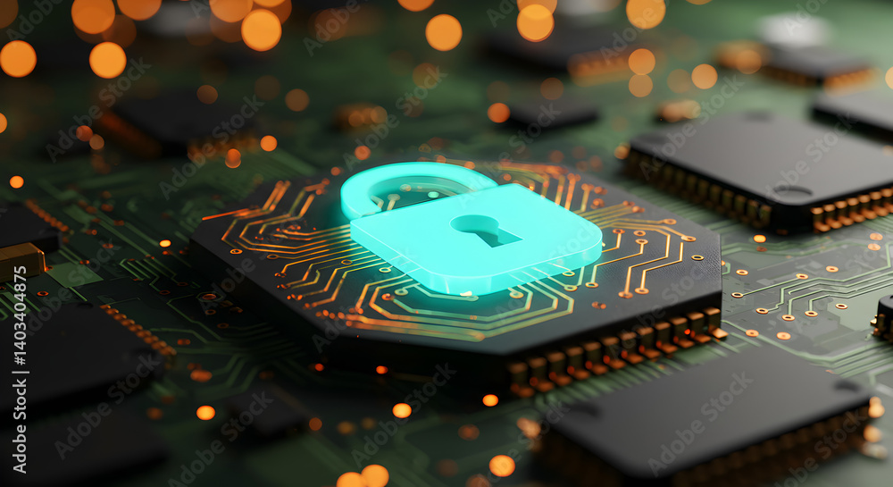 Poster blue padlock icon on microchip encased in a green circuit board with black components and orange emi