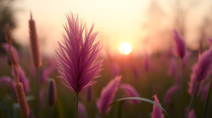 Obraz premium Close up grass field flower in beautiful golden sunset background, created by generative ai