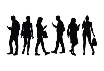 Fototapeta premium group of business people, Premium Urban Smartphone Silhouettes – Dynamic Figures in the Digital Age