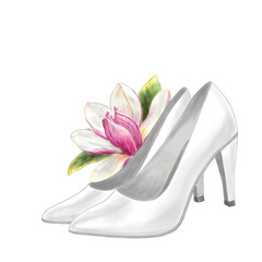 Classic white pumps with magnolia on a white background, digital illustration. Retro fashion illustration, perfect for vintage inspired fashion lover