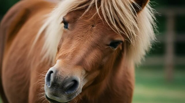 Close-up of pony with soft mane in the field	pon