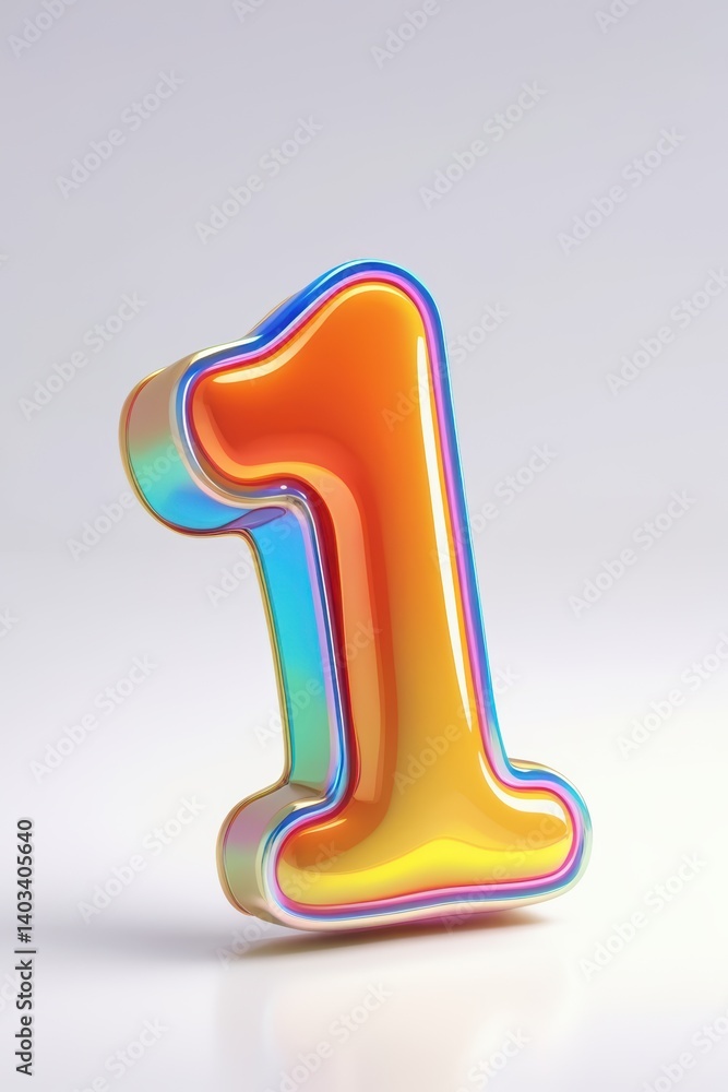 Poster a vibrant and iridescent number one standing against a neutral background in a studio setting