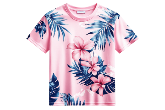 Pink floral t shirt with hibiscus and palm leaf print summer style soft fabric vibrant colors
