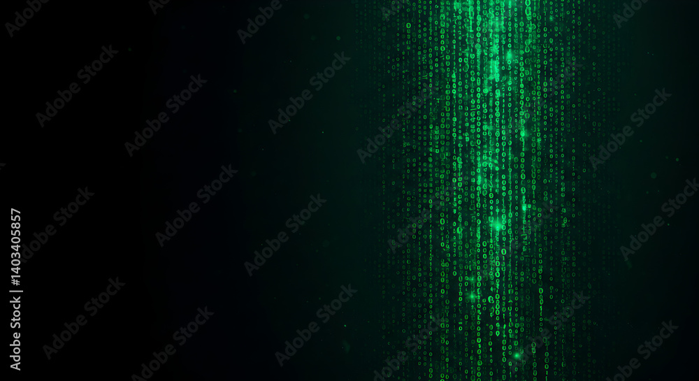 Poster abstract digital matrix with green binary code streaming on dark background