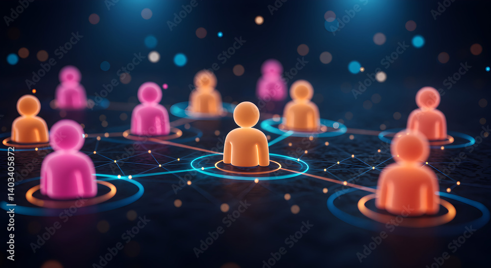 Aufkleber abstract social network visualization with human figures connecting globally in digital blue backgro