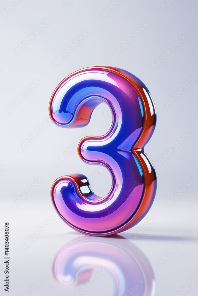 Poster a glossy iridescent number three standing on a reflective surface against a white background