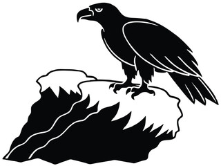 An eagle perched on a cliff, scanning below – entire image done in cutout silhouette style