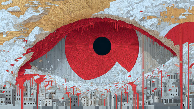 A giant bleeding eye watches over a crumbling city in symbolic isometric illustration, Middle East 
