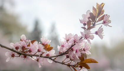 Cherry blossom branch against spring sky, blurred nature background