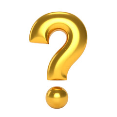Golden question mark, 3D metallic symbol, shiny gold texture, glossy finish, curved shape, punctuation mark, isolated