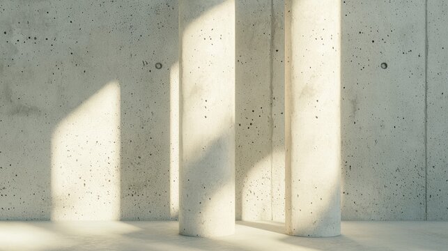 Three white concrete columns stand in a minimalist room, casting shadows on the light gray concrete wall.