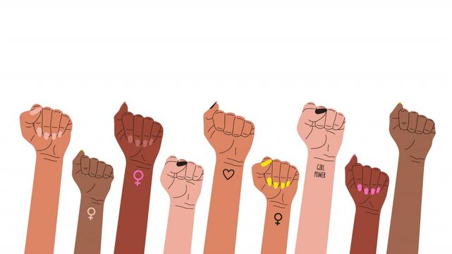 Animation of women's fists raised up in protest. A symbol of the feminist struggle for women's rights. Girl power.