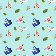 Seamless pattern with pink magnolia, bag, shoes, perfume. Hand painted digital illustration isolated on light background. For design, fabric, textile