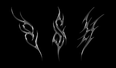 3d chrome metal of y2k tribal sigilism tatto. Flame shape in liquid mercury. 3d illustration of abstract neo tribal cyber sigil metallic melted modern burn form, design element. 3D Illustration