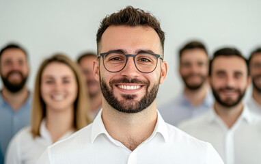 Obraz premium Smiling man in glasses stands confidently in front of a group, showcasing teamwork and professionalism.