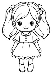 Cute doll coloring page with pigtails, a dress, adorable kawaii-style line art for kids, printable coloring sheet for toddlers, preschoolers, educational materials, crafts, or fun coloring activities.