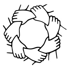 circular connection of eight hands holding each other in unity, representing teamwork, community, friendship, trust, mutual support, and solidarity in a continuous and inclusive human bond.

