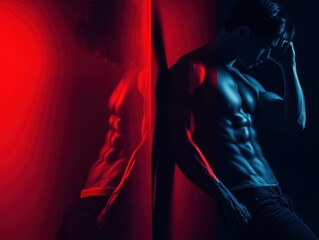 Moody male portrait with dramatic red and blue split lighting evoking emotional duality and introspective contrast