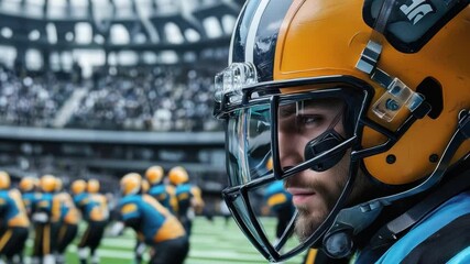 Gridiron Gaze: Intense focus and determination radiate from a football player's eyes as he prepares for the upcoming play. With his protective helmet in place, and teammates in the background. - Powered by Adobe