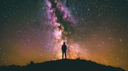 Silhouette of man standing on hill with majestic starry night sky. Generated AI image
