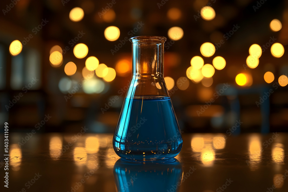 Aufkleber blue liquid in erlenmeyer flask on reflective surface with bokeh lights