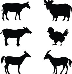 Set of farm animals black silhouettes on white background. Vector illustration