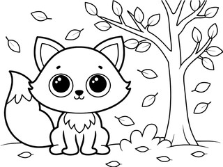Child’s coloring page featuring a cute fox in an autumn forest with falling leaves, representing woodland creatures, seasonal change, and nature exploration