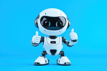 A cute friendly robot giving two thumbs up on a bright background