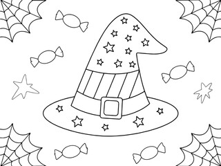 Halloween witch hat with stars surrounded by candies and spider webs, for spooky fun coloring, celebrating Halloween magic, sweets, costumes, festive decorations for children, party themes