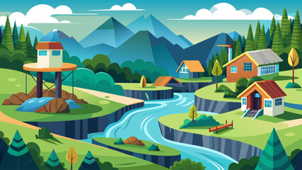 A mountain landscape with a river and houses. The houses are small and scattered throughout the area