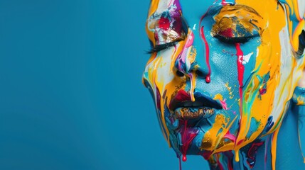 Abstract woman face with colorful paint texture on copy space blue background. Generated AI image