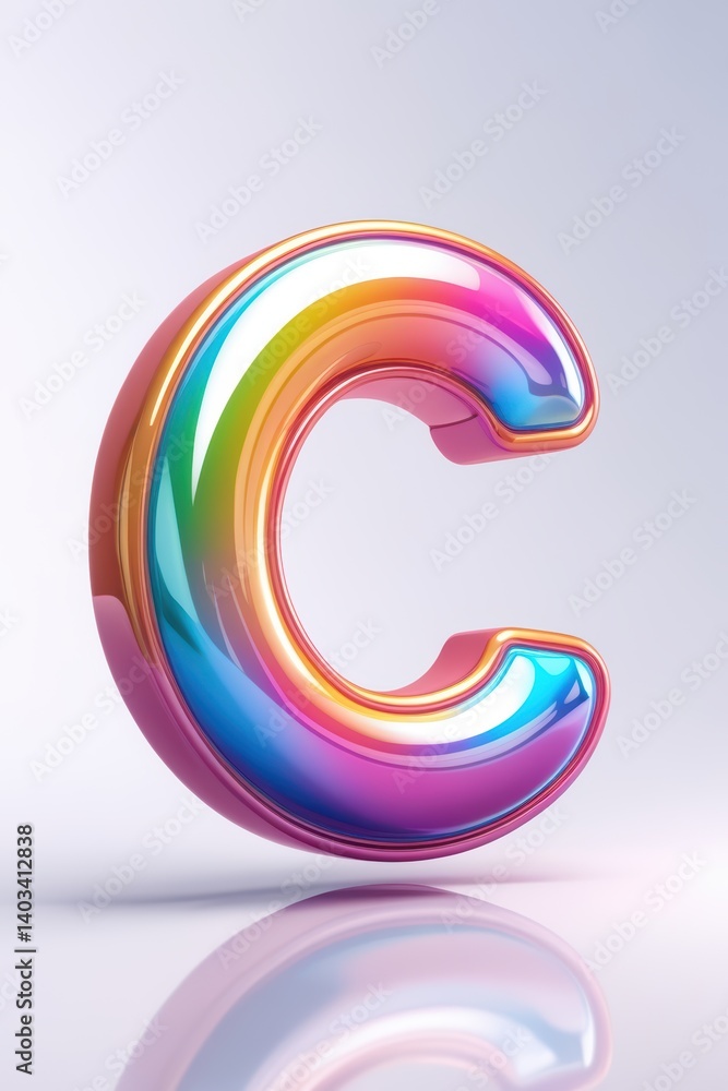 Poster a glossy letter c with rainbow gradients standing on a reflective white surface in a studio setting