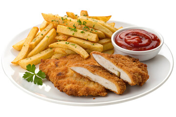 Crispy Wiener Schnitzel Dinner with Golden Chips and Tomato Ketchup.