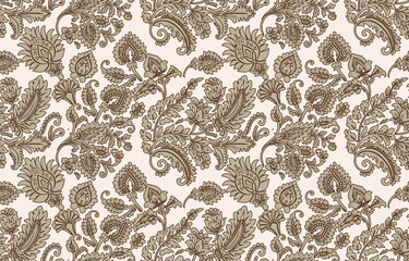 Abstract Paisley Traditional Scribble Style Hand Drawn Ikat Seamless Vector Pattern Trendy Fashion Colors Perfect for Allover Fabric Print or Wall Paper Damask Ethnic Concept Bright Orange White Tones