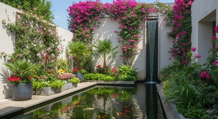 Obraz premium Narrow garden with reflecting water feature and flower-lined walls