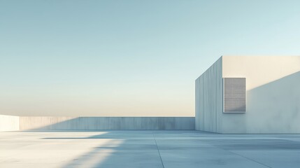 A minimalist rooftop with a single sleek HVAC unit, surrounded by clean concrete surfaces and soft shadows under a pale blue sky 