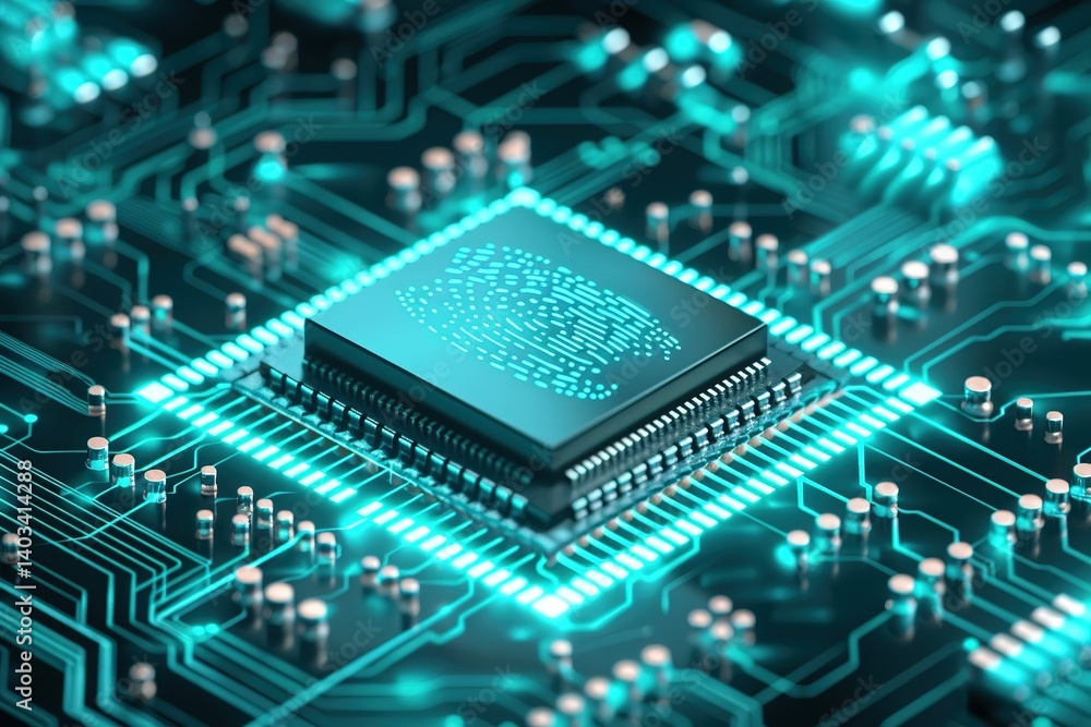 Poster glowing fingerprint on a microchip highlighting digital security and personal access