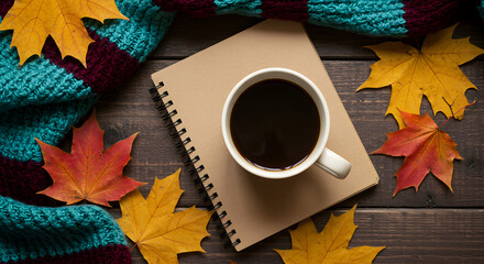 Overhead View of Coffee Cup on Notebook Surrounded by Autumn Leaves and a Knitted Scarf on a Wooden Table