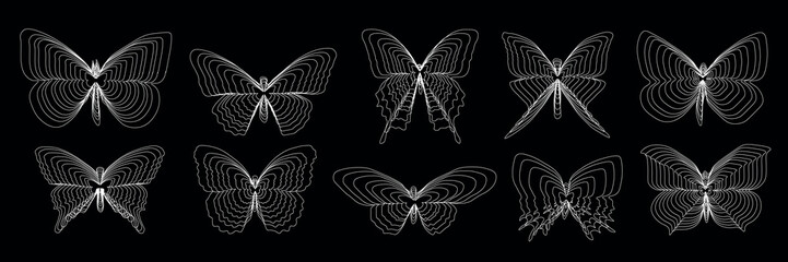Abstract silhouettes of butterflies with white lines on a black background.eps