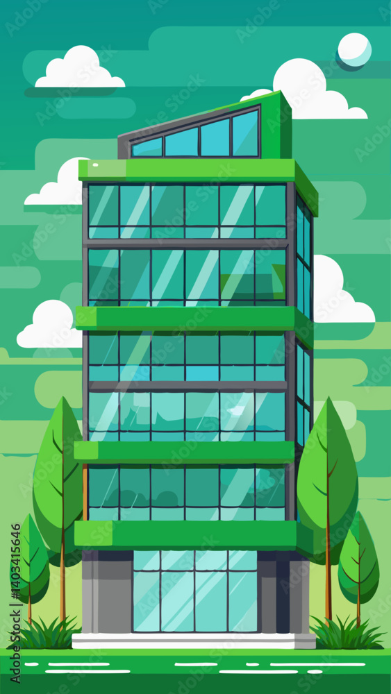 Poster a large glass building with a green roof and trees in the background. the building is surrounded by 