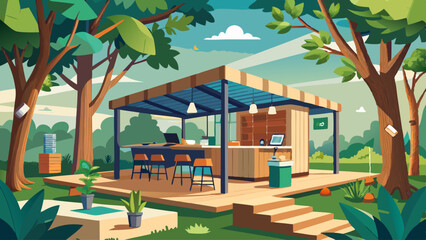A woman is sitting at a table in a small blue building with a porch. The building is surrounded by trees and has a patio with chairs. Scene is peaceful and relaxing