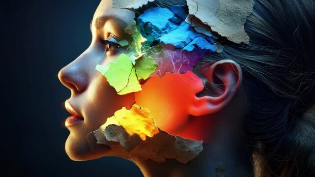 Colorful Thoughts: A woman's profile is artfully deconstructed to reveal a vibrant spectrum of colors symbolizing the complex interplay of thought, emotions, and the human experience.