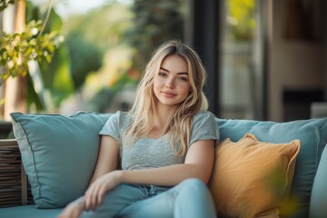 Obraz premium A blonde woman sitting on a blue couch with a yellow pillow in a bright and airy outdoor setting
