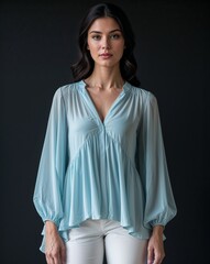 Powder blue flowy blouse portrait view on plain black background