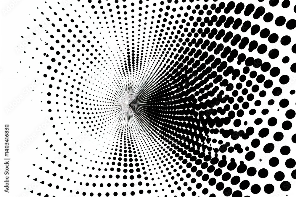 Poster halftone pattern: dynamic swirling array of black dots on white creating visual texture